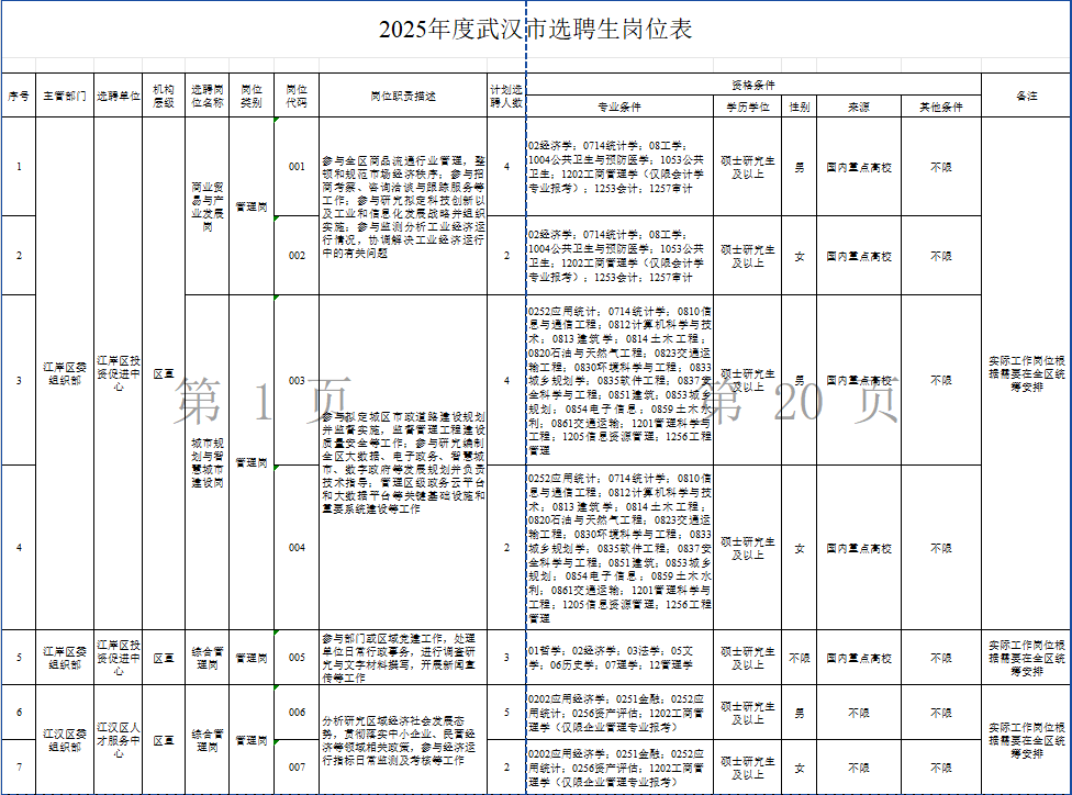 2025武汉选聘生岗位表